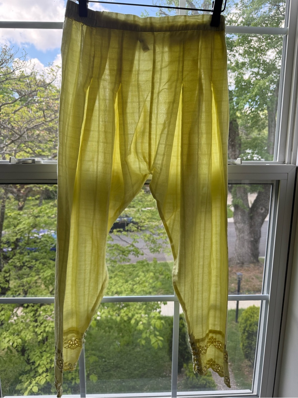 Ethnic Boho drop crotch Yellow Cotton pants with embroidery. Size S